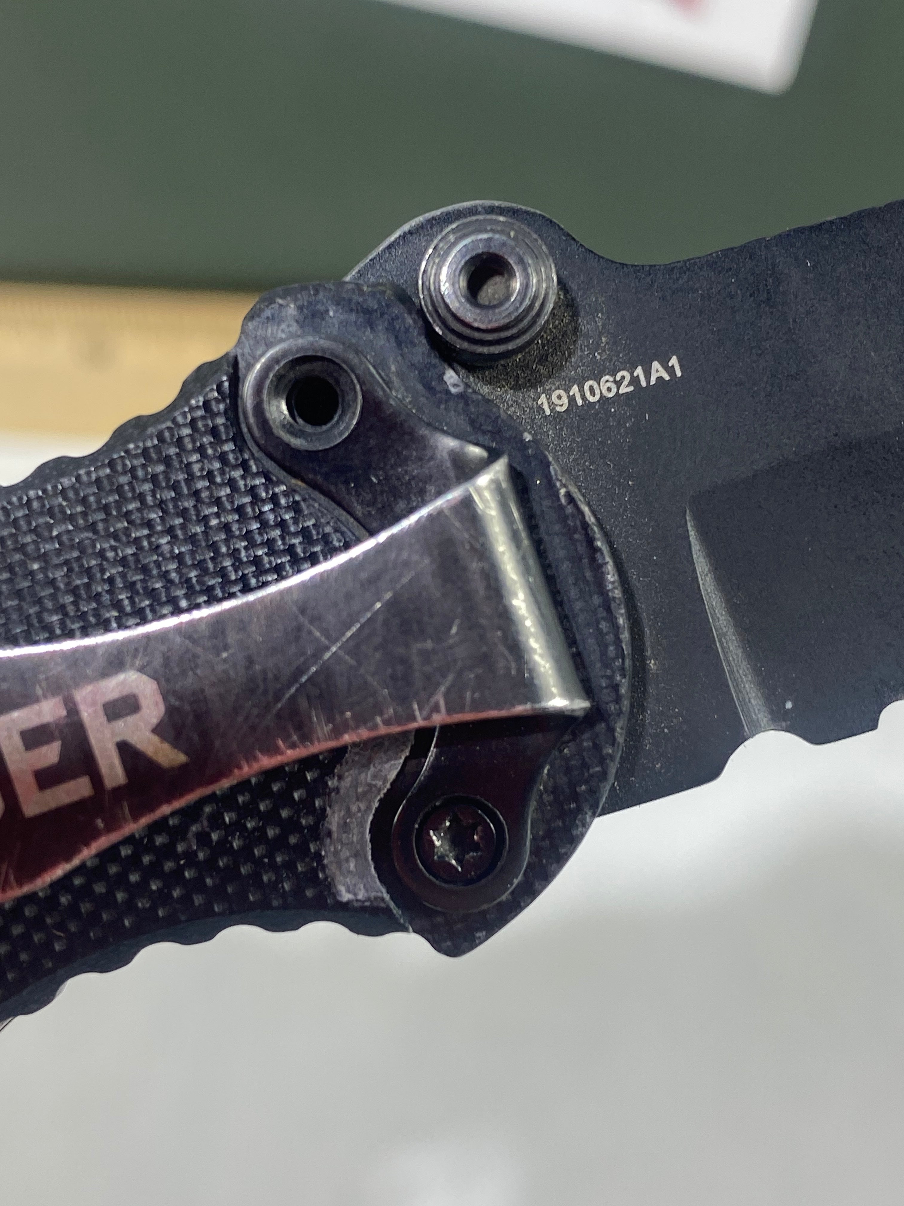 Gerber #-14. FAST Folding Covert. Light usage. Blade a little loose. Pocket clip missing a screw. Dings on the blade.