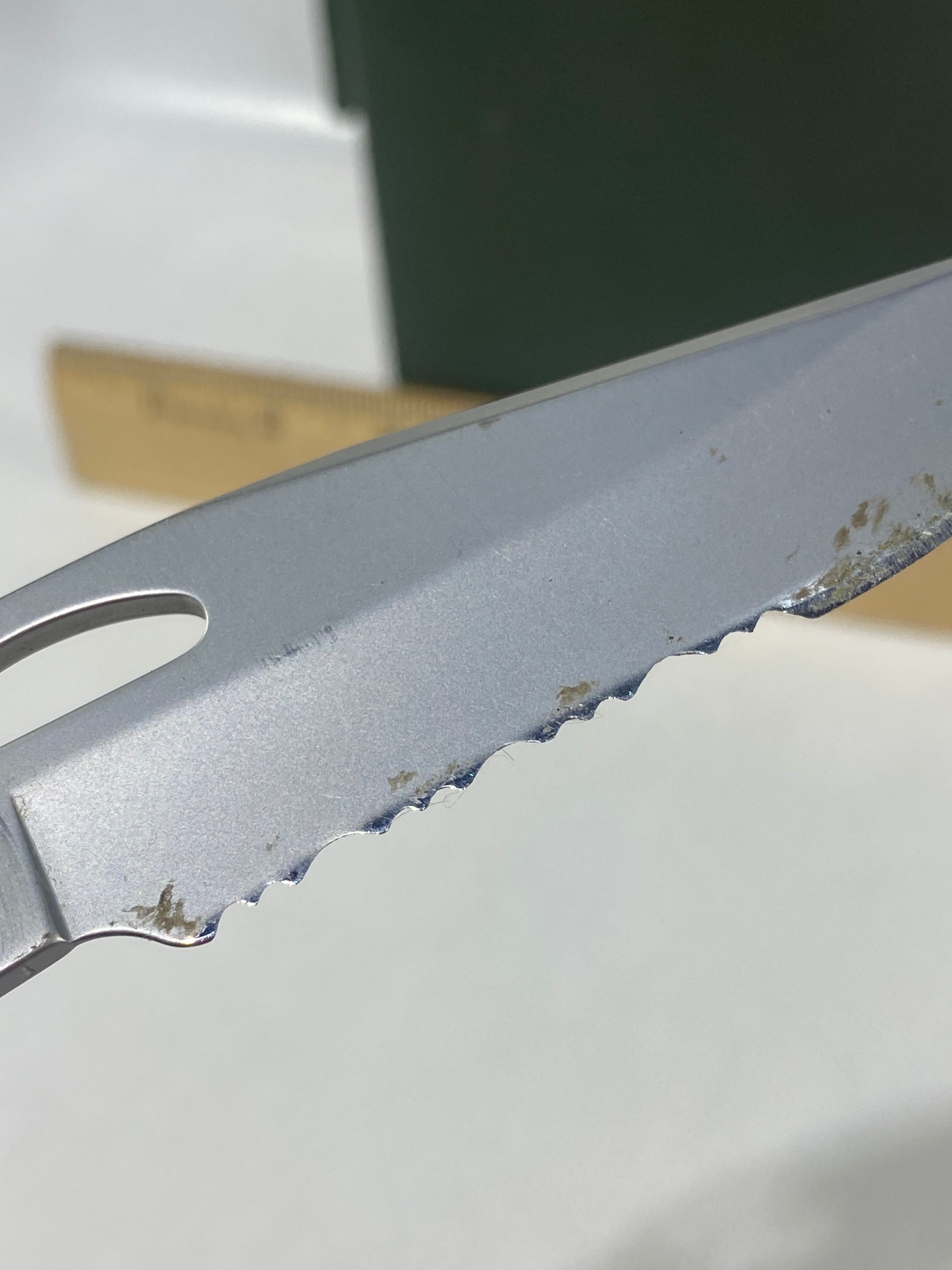 Gerber #-16. EZ Out. Light usage. Dirty. Ding on the blade.