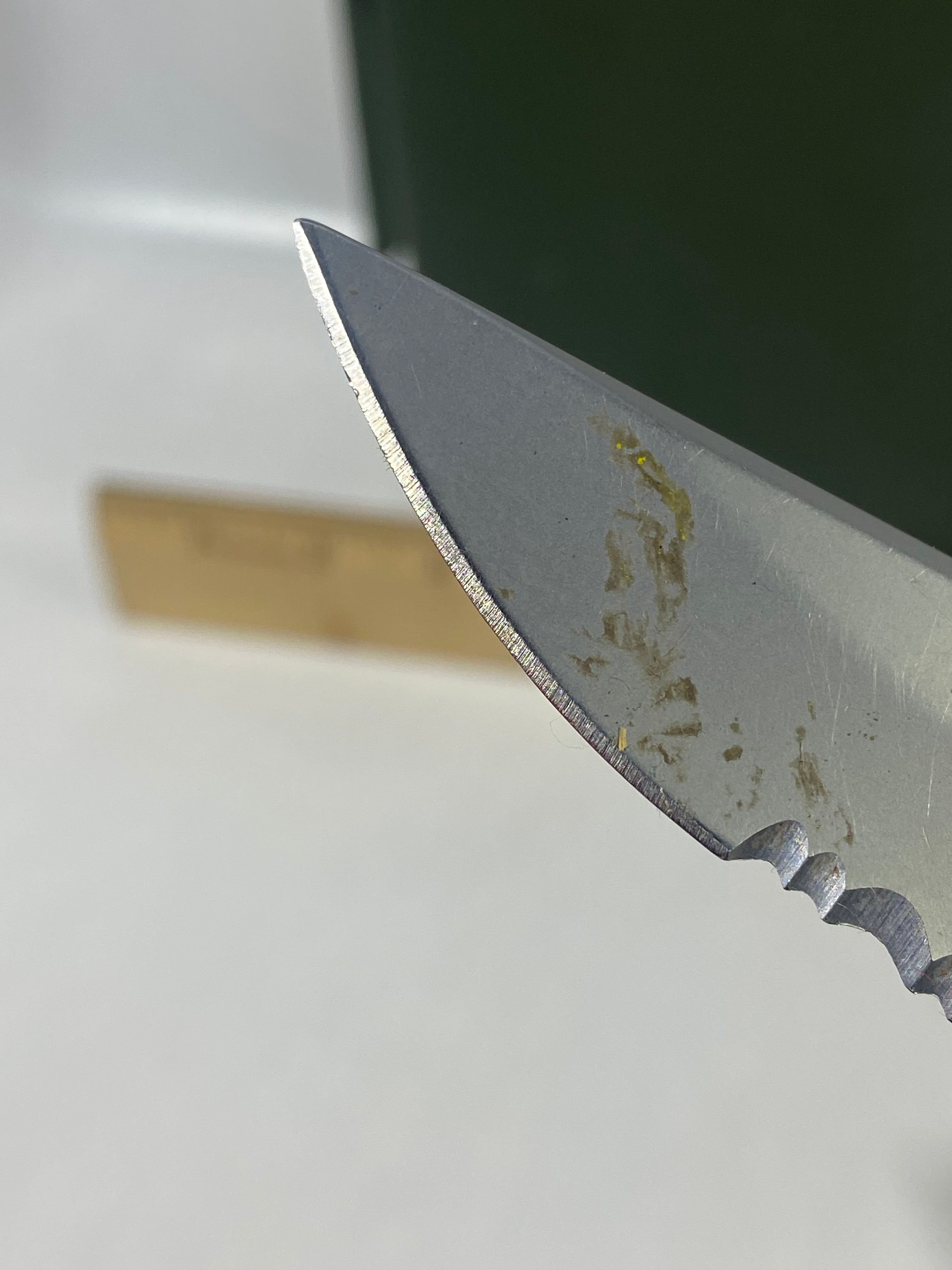 Gerber #-16. EZ Out. Light usage. Dirty. Ding on the blade.