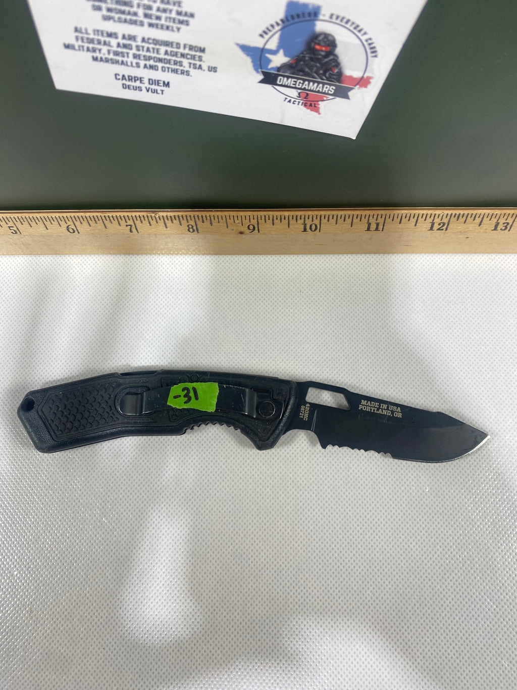 Gerber #-31. Order. Light usage. Pocket clip a little loose. Ding on blade. Broken Tip.