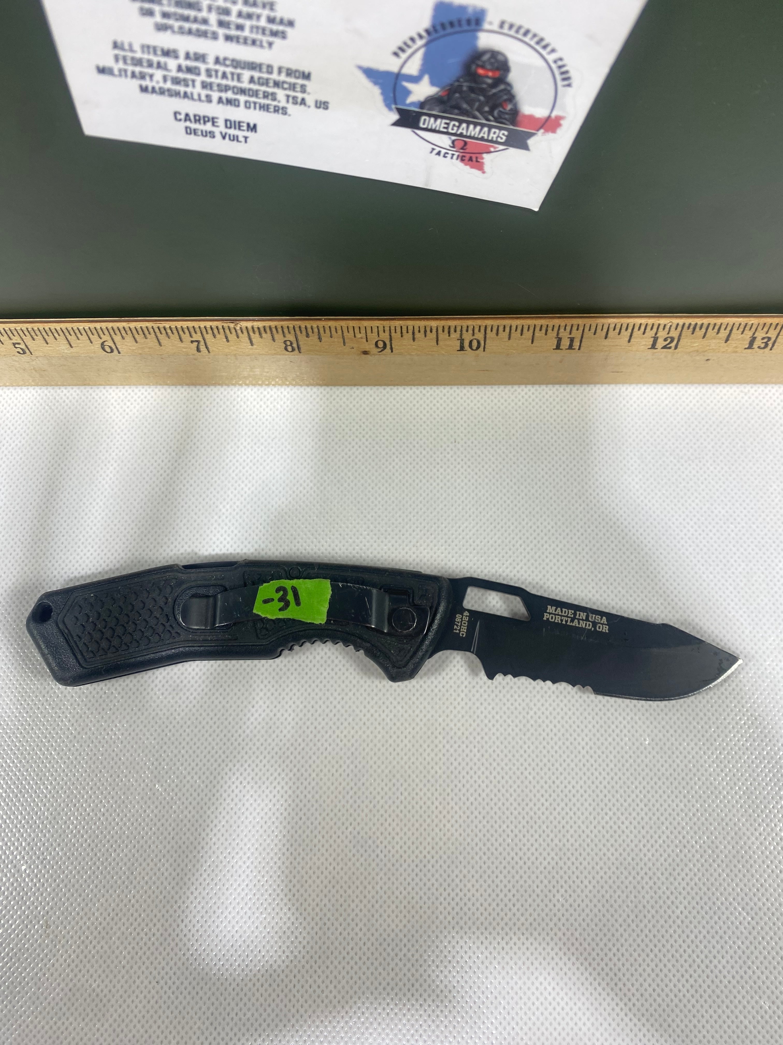 Gerber #-31. Order. Light usage. Pocket clip a little loose. Ding on blade. Broken Tip.