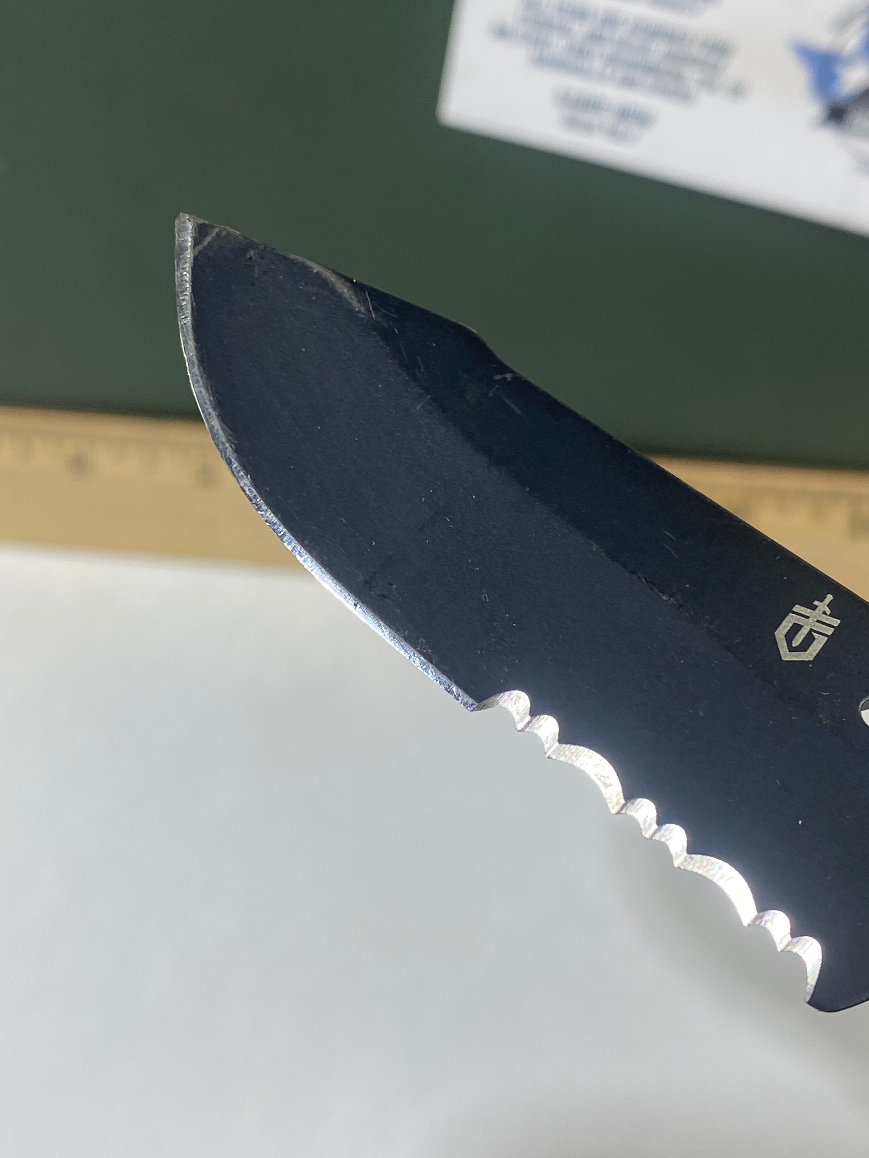 Gerber #-31. Order. Light usage. Pocket clip a little loose. Ding on blade. Broken Tip.