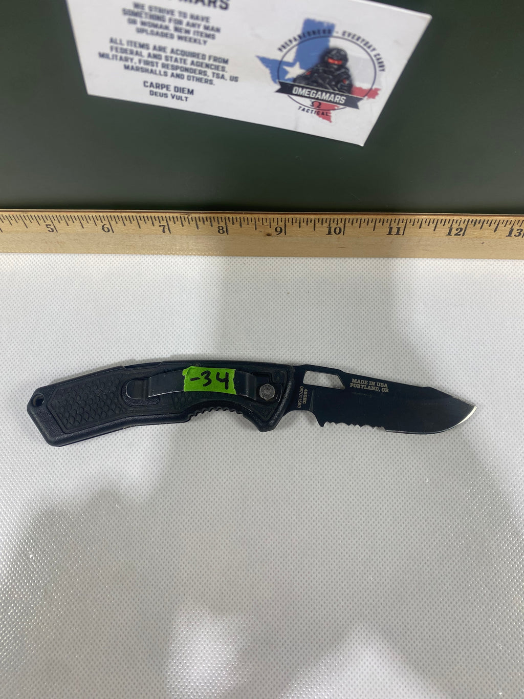 Gerber #-34. Order. Light usage. Resharpened. Dirty. Ding on blade.