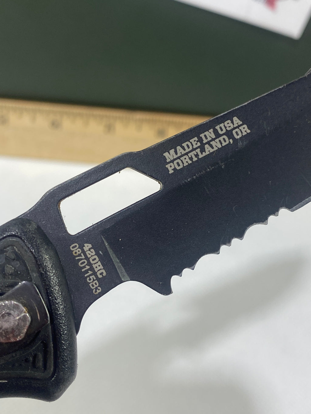 Gerber #-34. Order. Light usage. Resharpened. Dirty. Ding on blade.