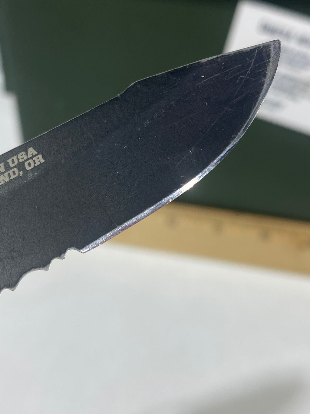 Gerber #-34. Order. Light usage. Resharpened. Dirty. Ding on blade.