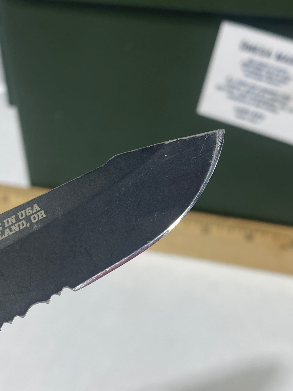 Gerber #-34. Order. Light usage. Resharpened. Dirty. Ding on blade.