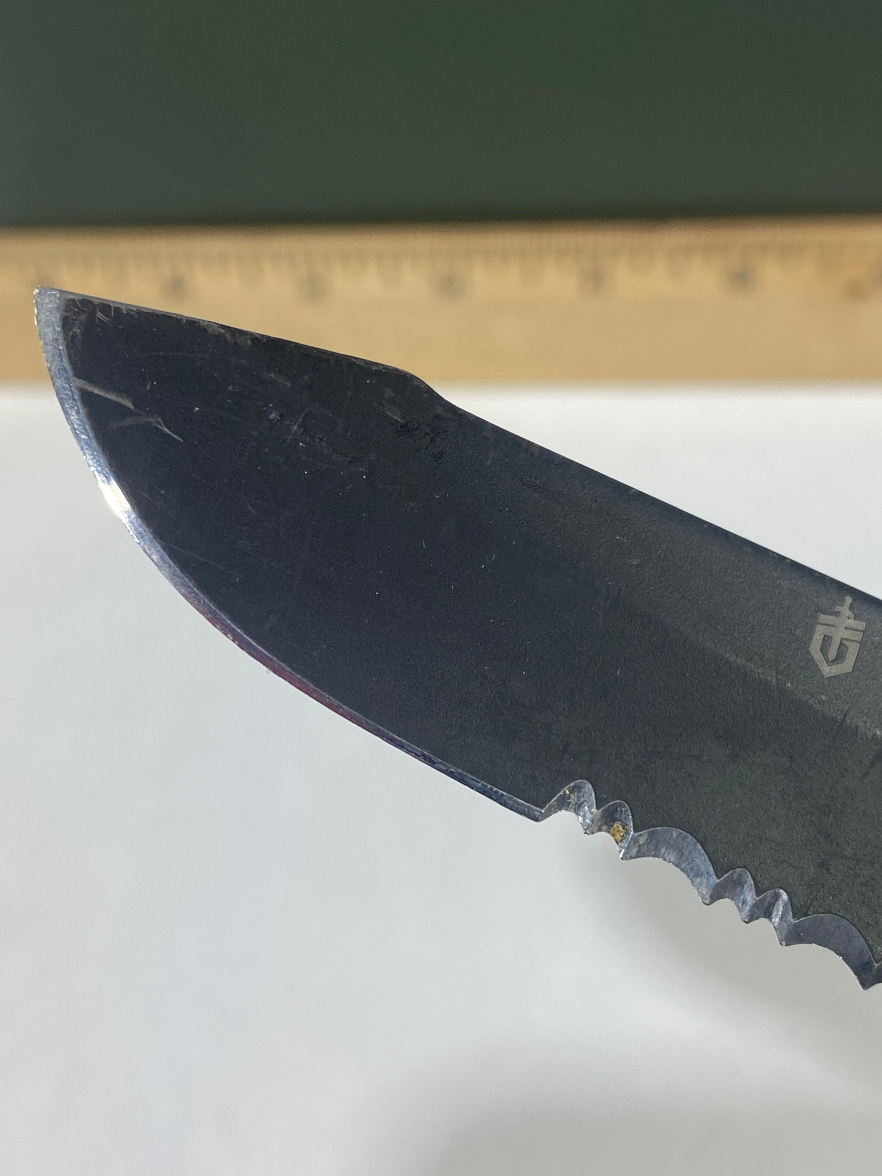 Gerber #-34. Order. Light usage. Resharpened. Dirty. Ding on blade.