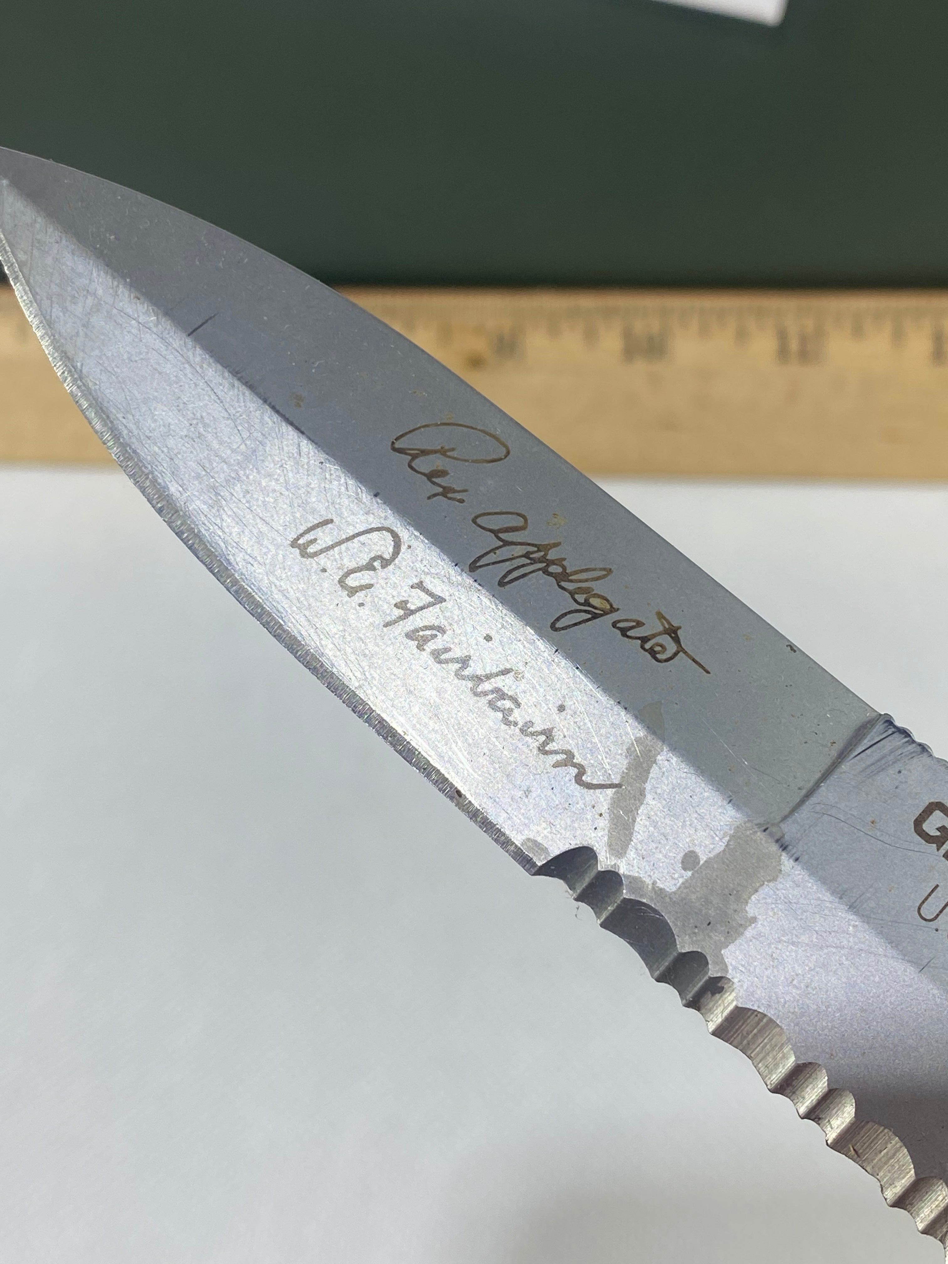 Gerber #-45. Applegate-Fairbairn Combat Folder. Light usage. Dirty. Blade has someone's name scratched on it.