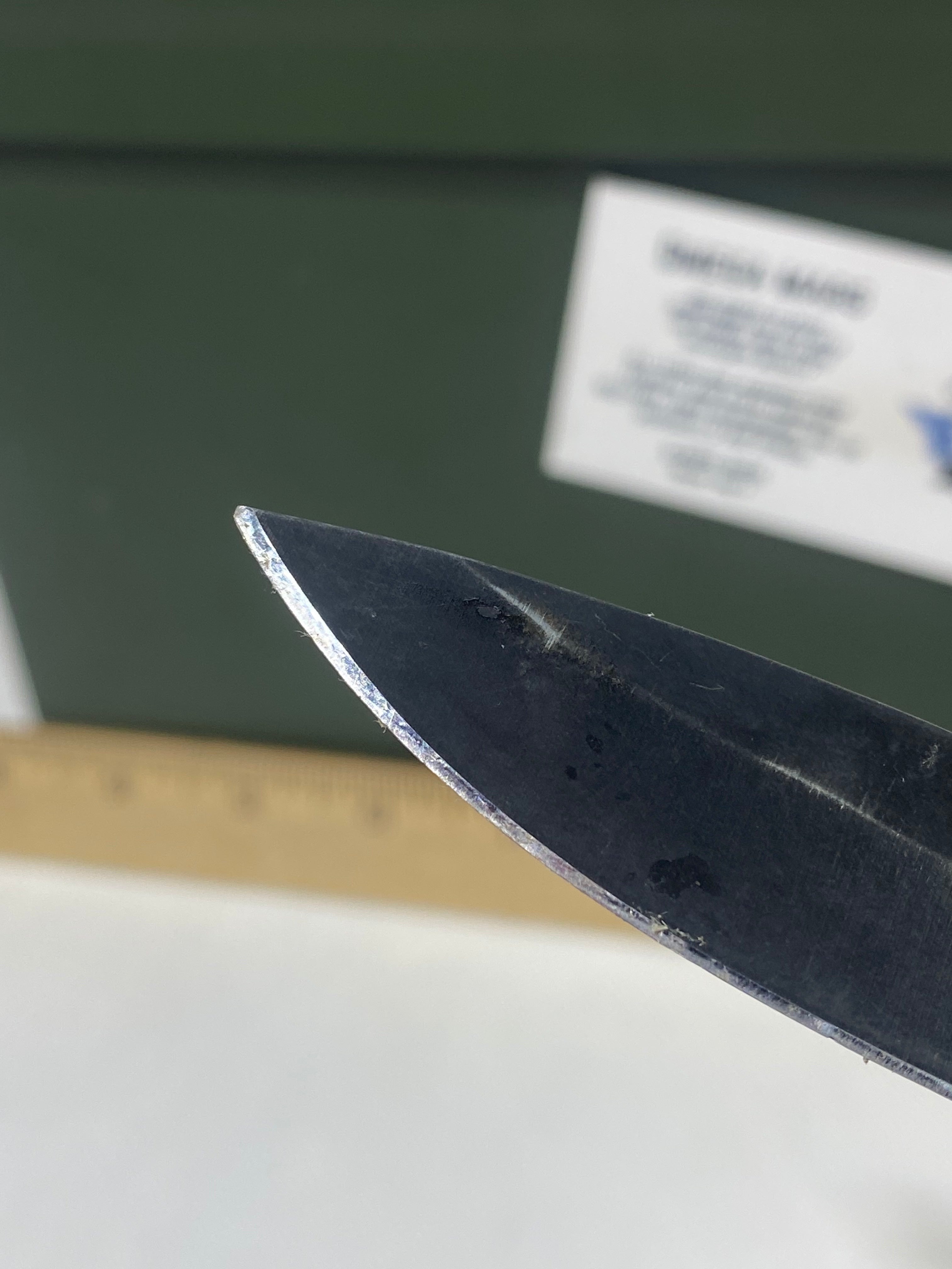 Gerber #-54. Answer F.A.S.T. Light usage. Dirty. Chip on blade. Handle bruised.