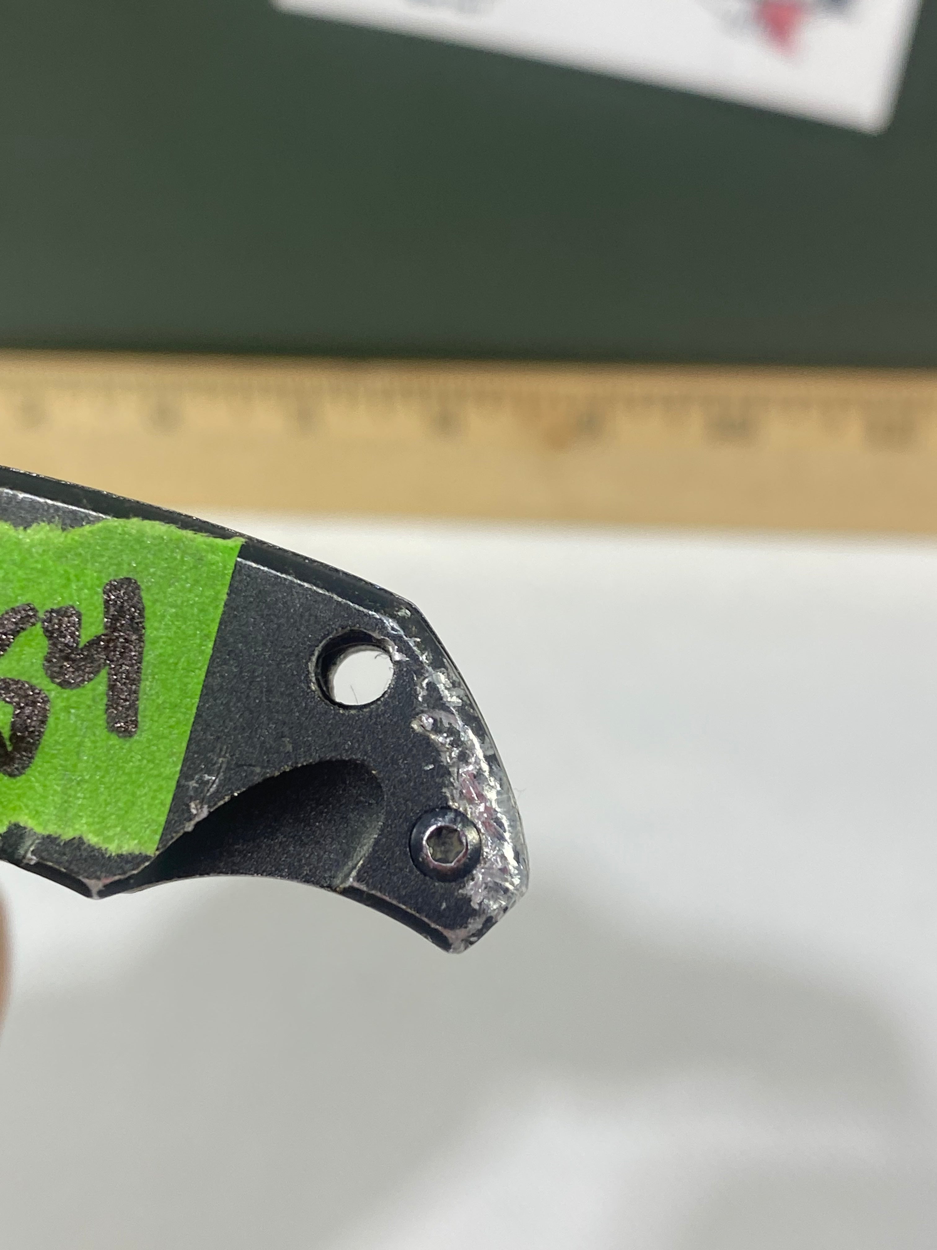 Gerber #-54. Answer F.A.S.T. Light usage. Dirty. Chip on blade. Handle bruised.