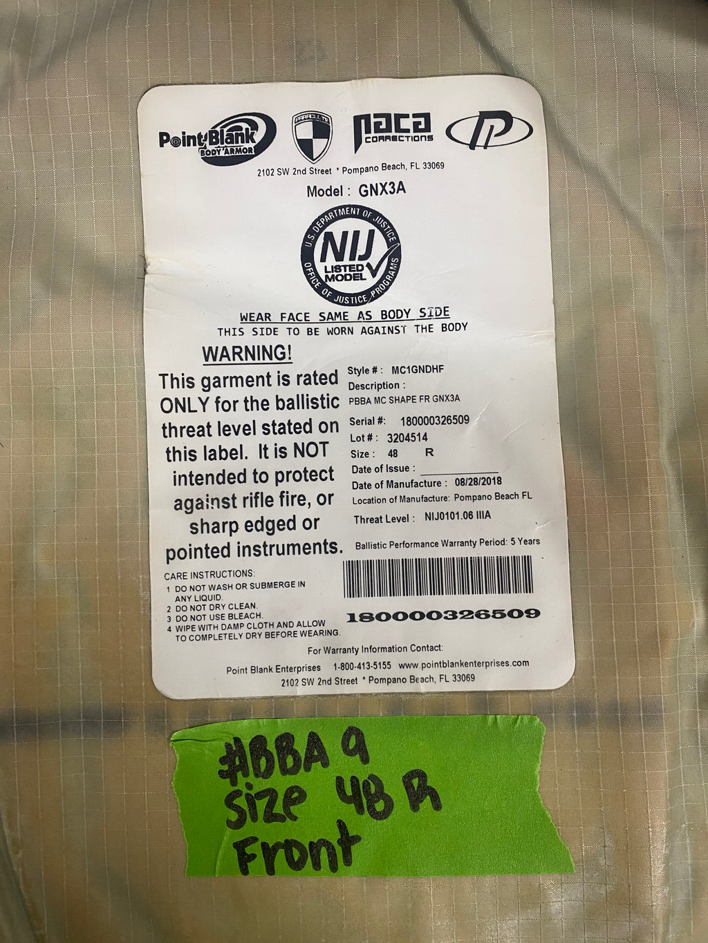 Point Blank Concealable Body Armor PACA #BBA9. Size 48 R Color Navy. Moderate usage