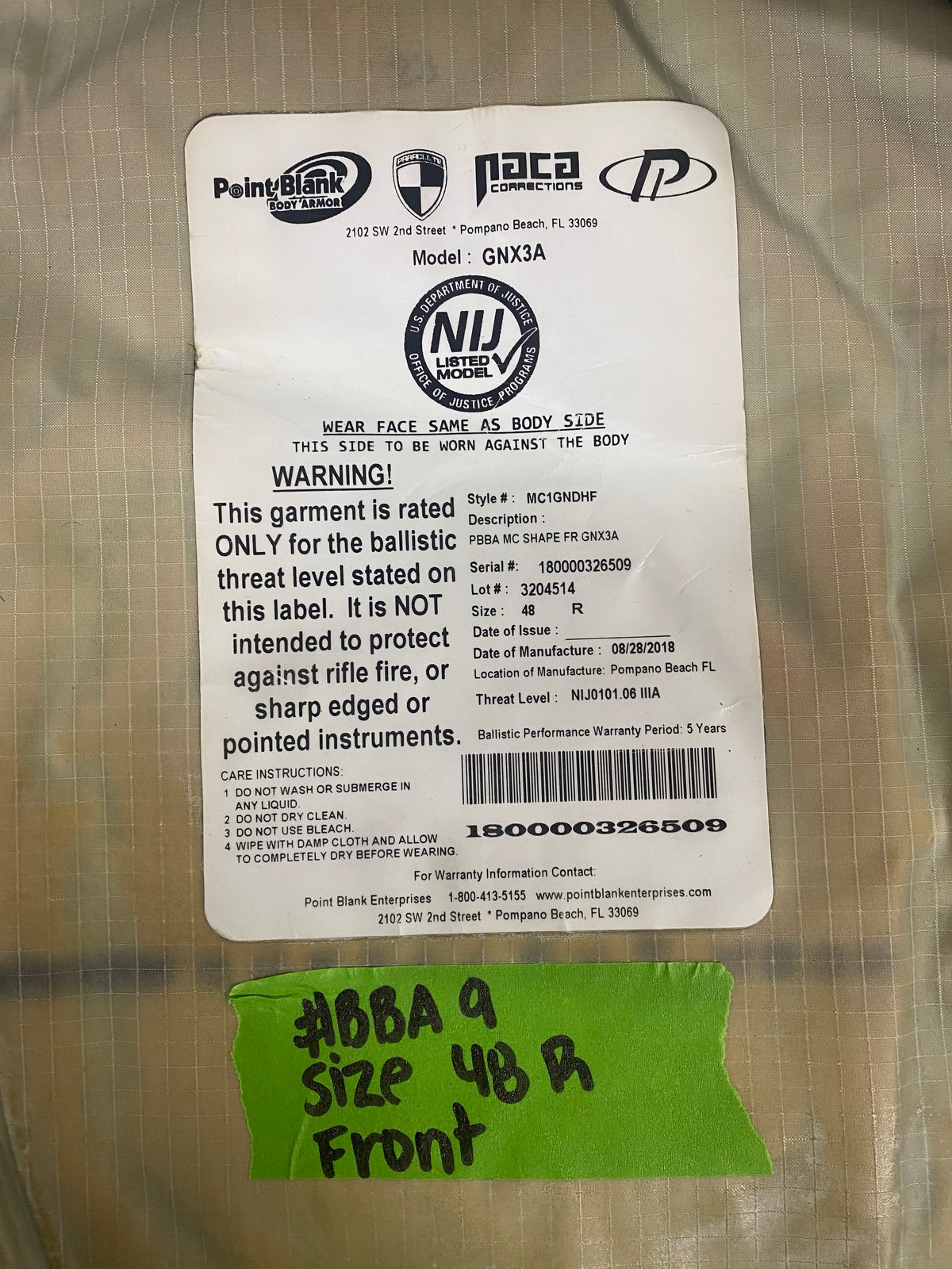 Point Blank Concealable Body Armor PACA #BBA9. Size 48 R Color Navy. Moderate usage