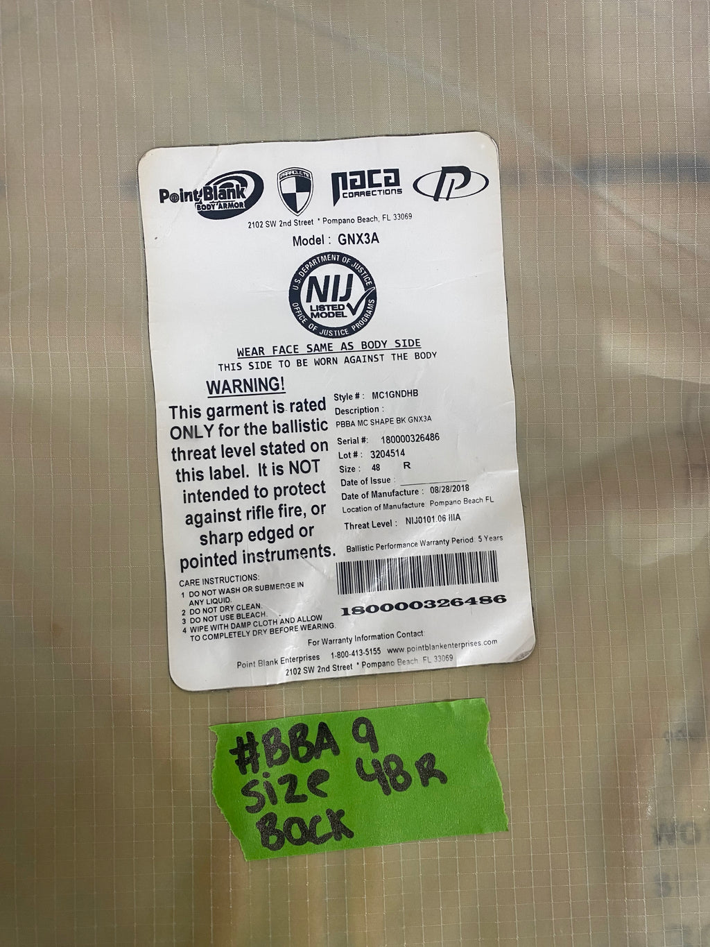 Point Blank Concealable Body Armor PACA #BBA9. Size 48 R Color Navy. Moderate usage