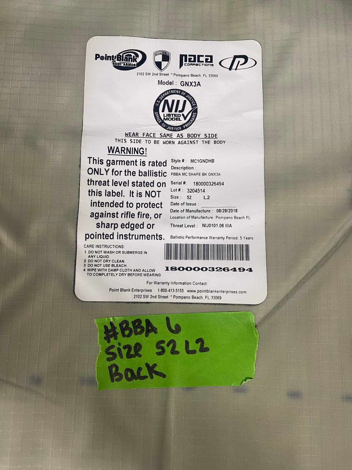 Point Blank Concealable Body Armor PACA #BBA6. Size 52 L2 Color Navy. Light usage