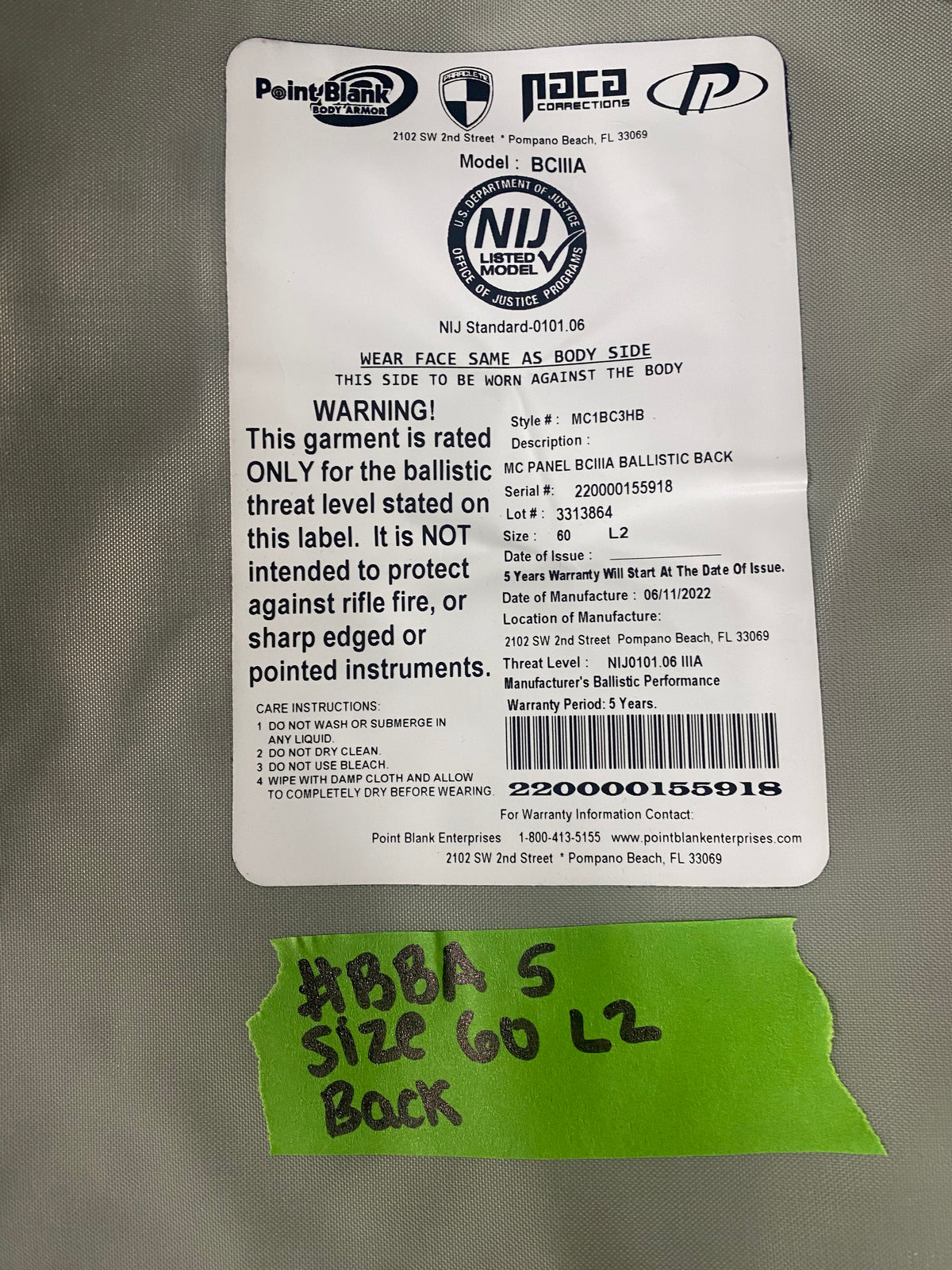 Point Blank Concealable Body Armor PACA #BBA5. Size 60 L2 Color Navy. Light usage