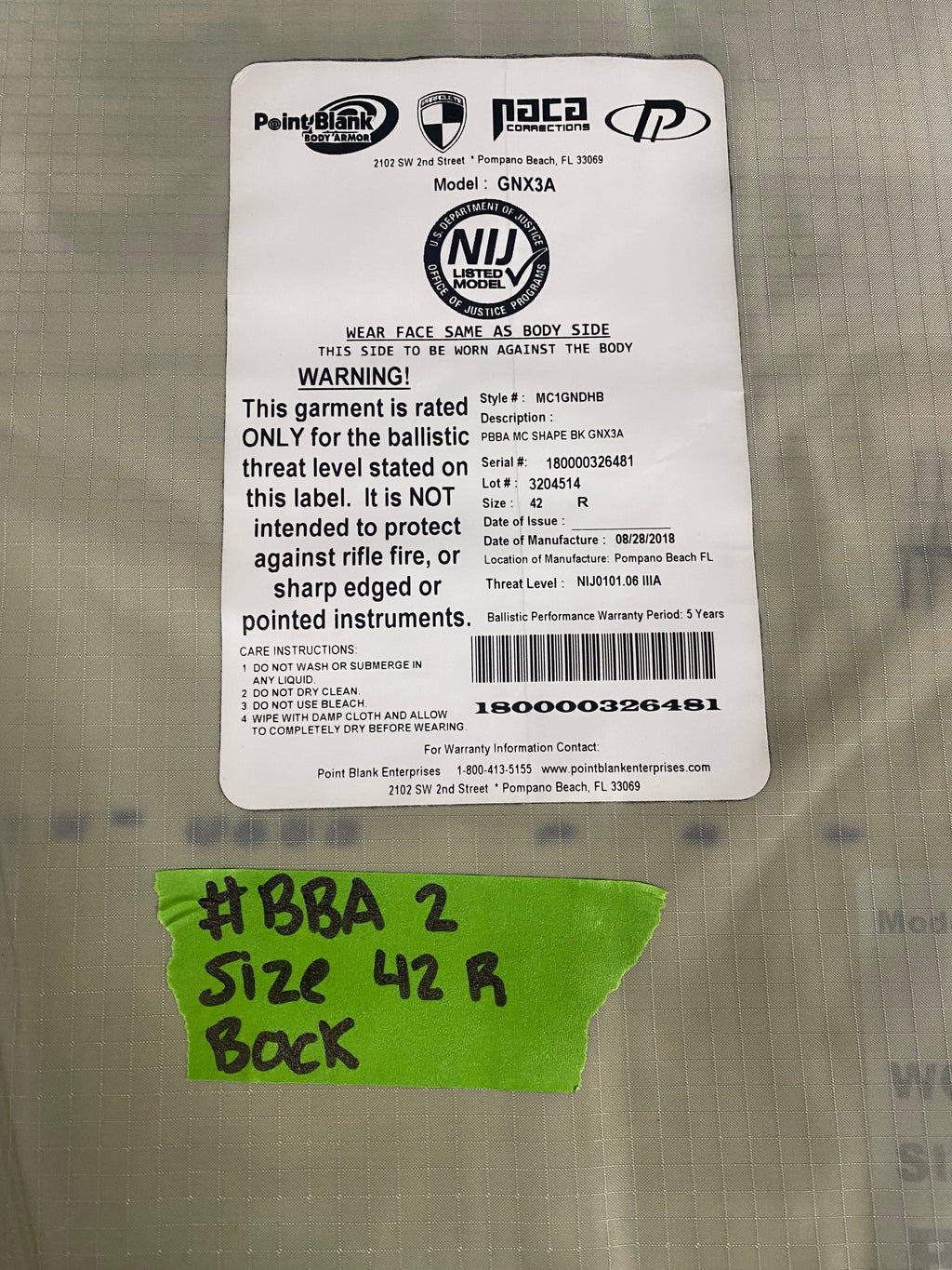 Point Blank Concealable Body Armor PACA #BBA2. Size 42 R. Color Navy. Light usage.