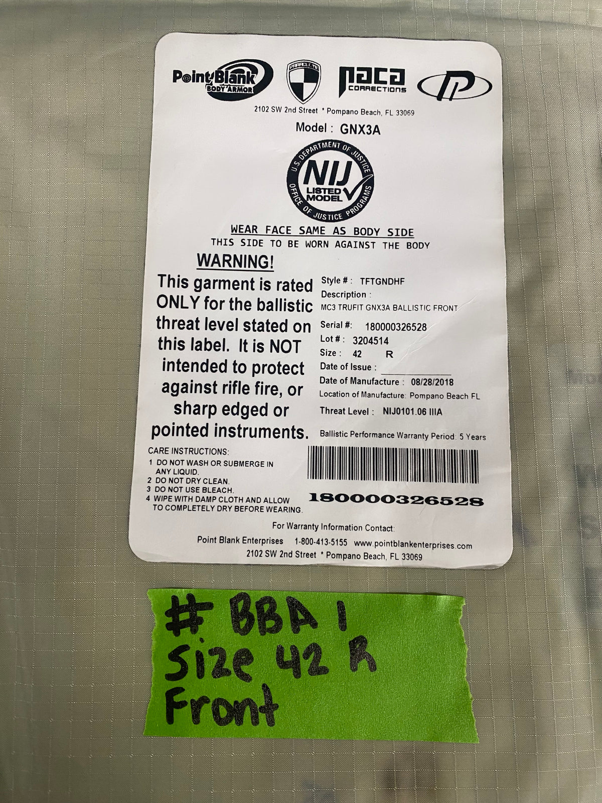 Point Blank Concealable Body Armor PACA #BBA1. Size 42 R. Color Navy. Light usage.