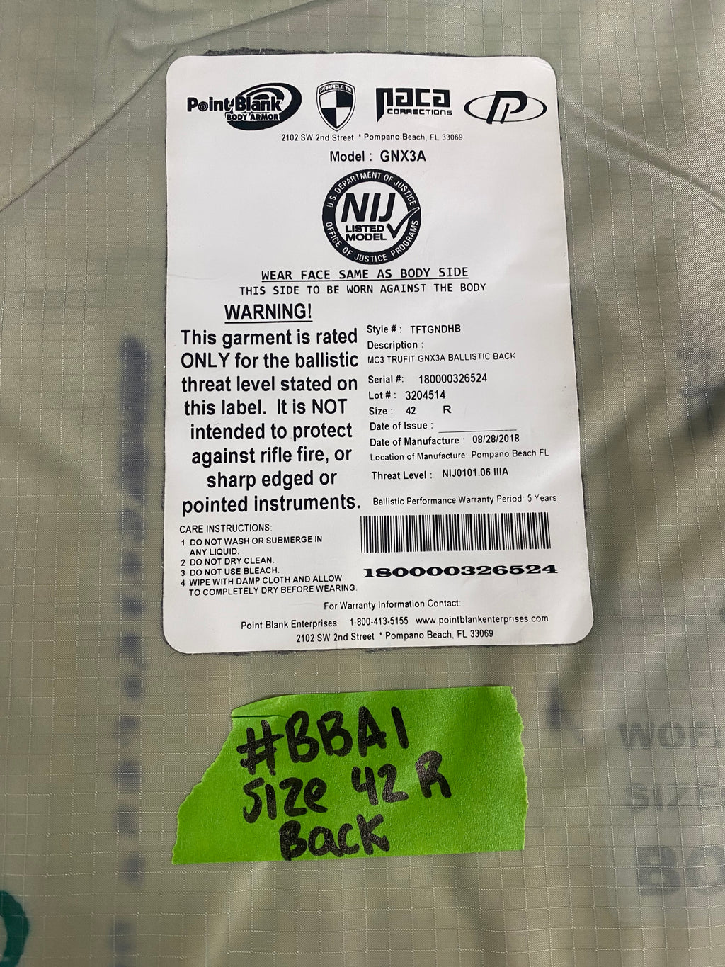 Point Blank Concealable Body Armor PACA #BBA1. Size 42 R. Color Navy. Light usage.
