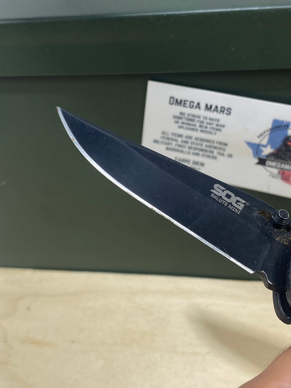 SOG Salute Mini #SG12.  Light Usage. Little dirty. Resharpened.