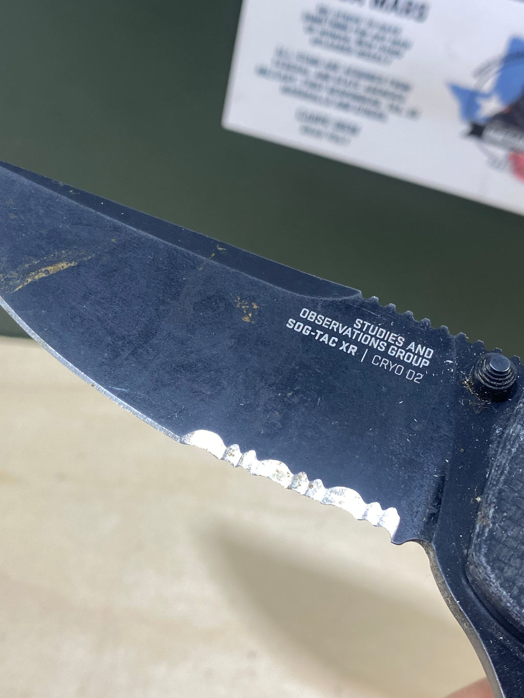 SOG Tac XR #SG13. Light Usage. Super dirty. Possible Rust. Pocket clip bend out.