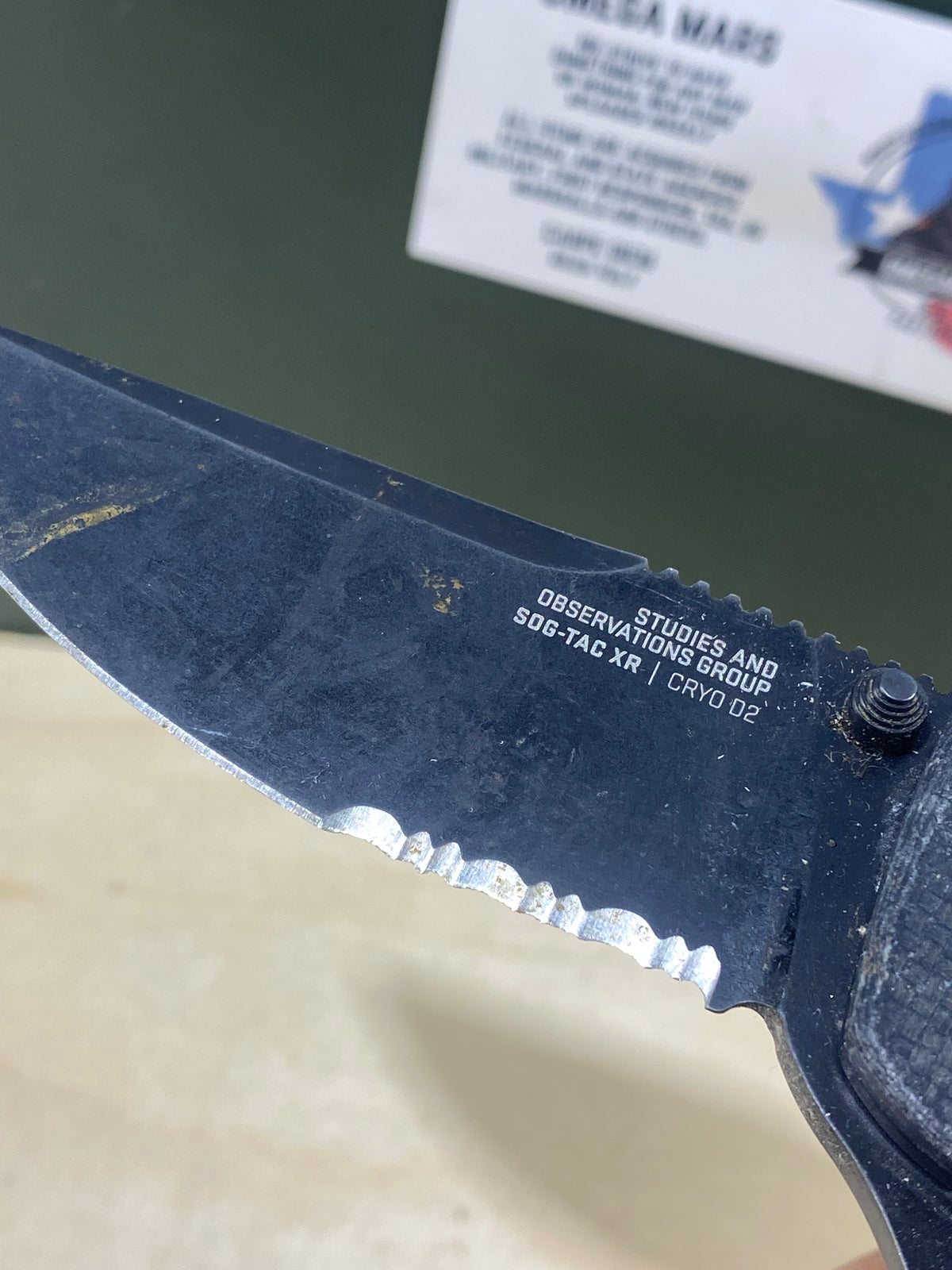 SOG Tac XR #SG13. Light Usage. Super dirty. Possible Rust. Pocket clip bend out.