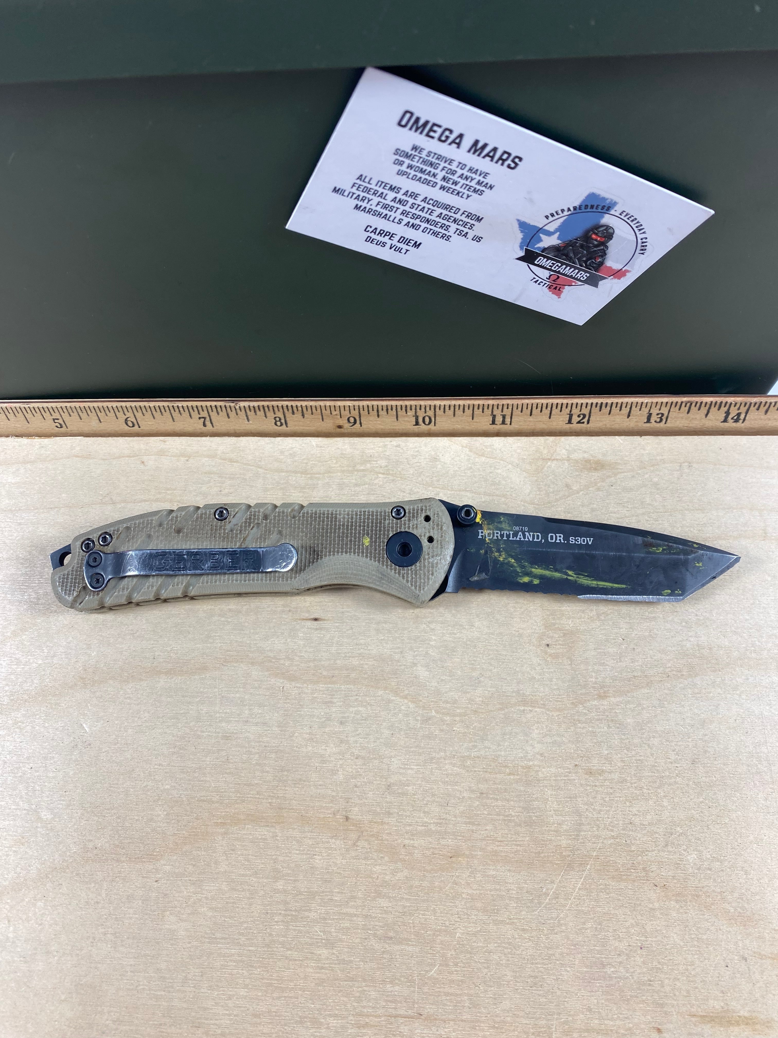 Gerber #91 Propel Downrange AO Knife Desert Tan Assisted Opening. Light usage. Dirty. Chip on blade. (MSRP $198.00 NEW)