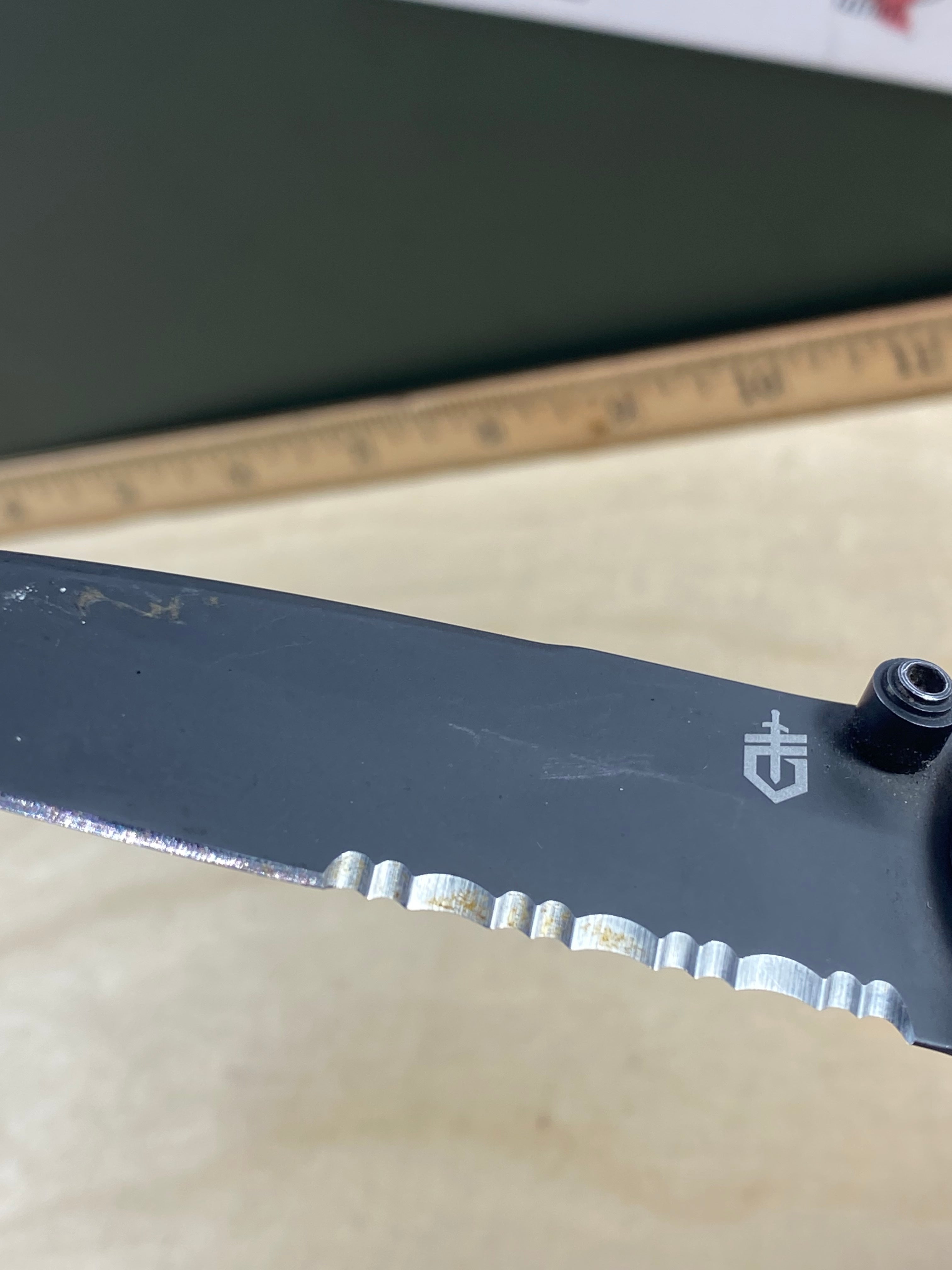 Gerber #92 Propel Downrange AO Assisted Opening Knife Black (3.5" Black Serr). Light usage. Dirty. Resharpened and it's missing the pocket clip. (MSRP $190.00 NEW)