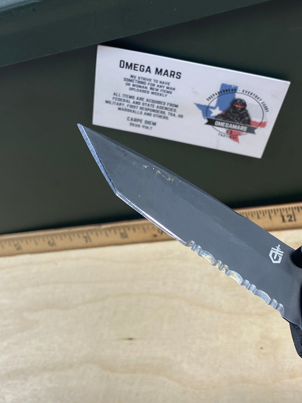 Gerber #92 Propel Downrange AO Assisted Opening Knife Black (3.5" Black Serr). Light usage. Dirty. Resharpened and it's missing the pocket clip. (MSRP $190.00 NEW)