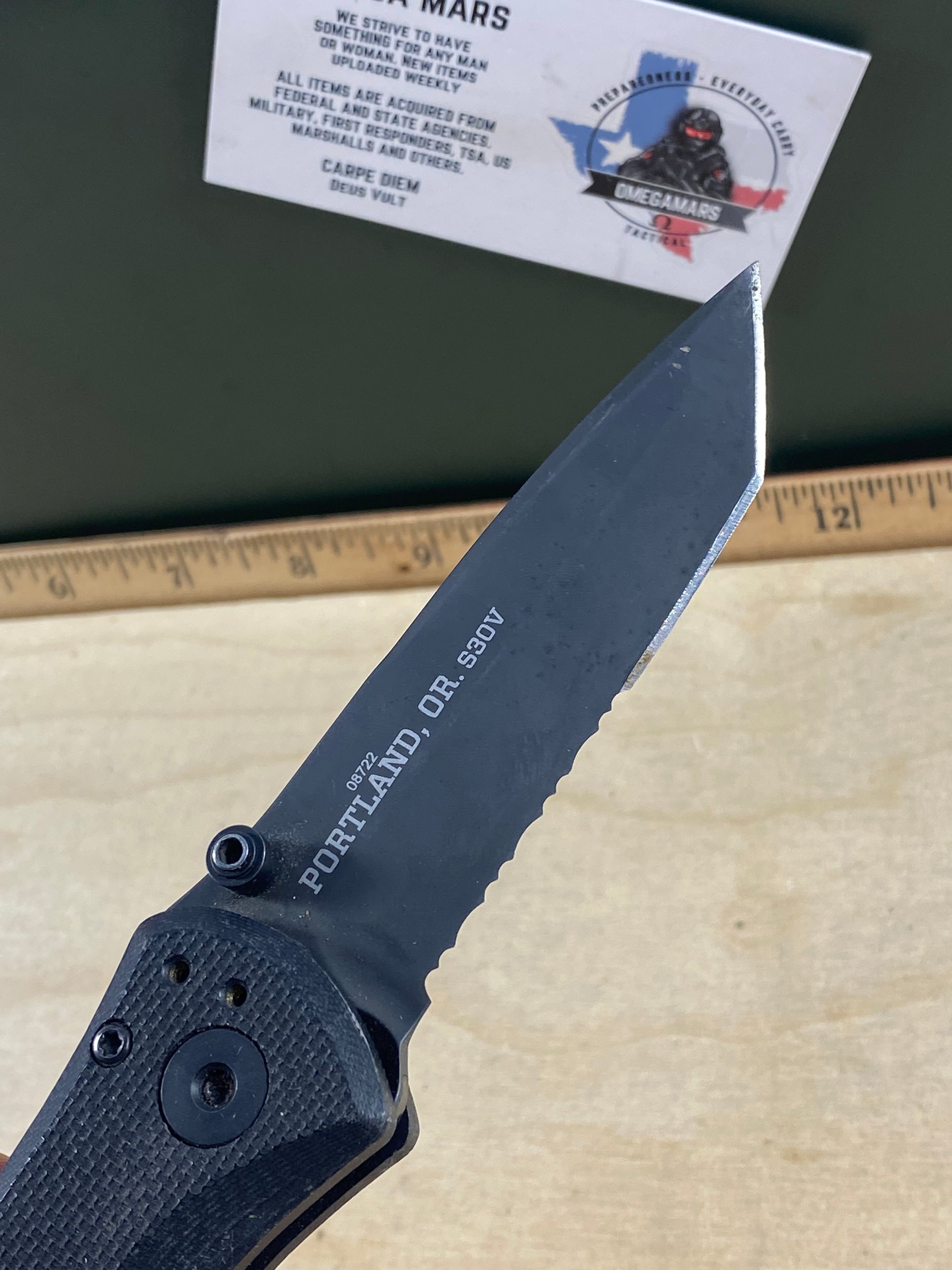 Gerber #92 Propel Downrange AO Assisted Opening Knife Black (3.5" Black Serr). Light usage. Dirty. Resharpened and it's missing the pocket clip. (MSRP $190.00 NEW)